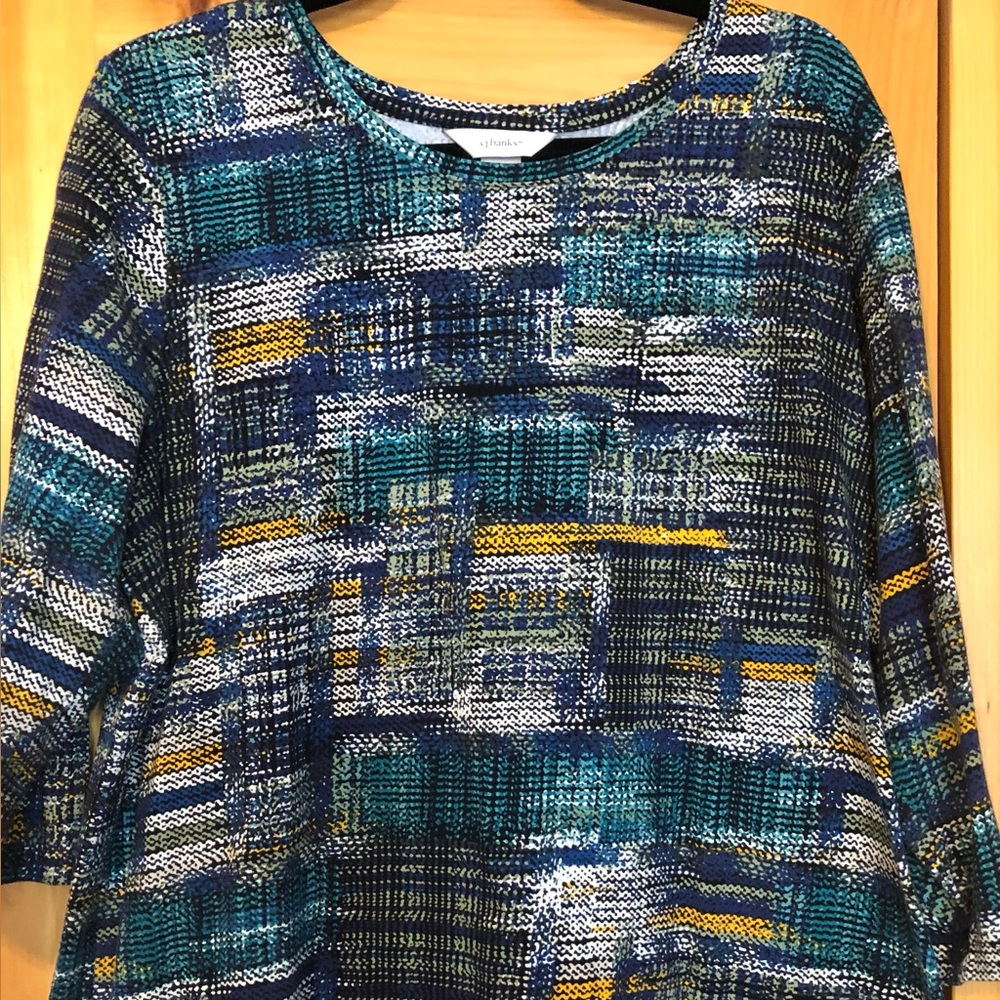 CJ Banks Abstract Patchwork Tunic in Teal, Navy & Yellow